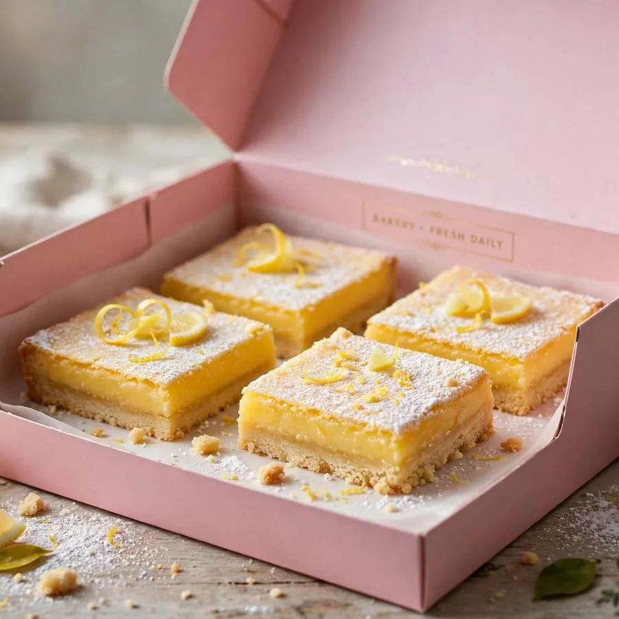 Lemon bar cookie served in a pink bakery box