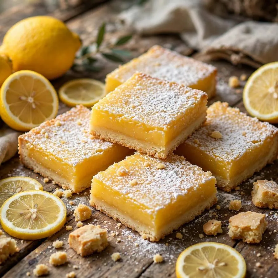 Lemon bar cookie beside fresh lemons, powdered sugar and shortbread pieces on a wooden table