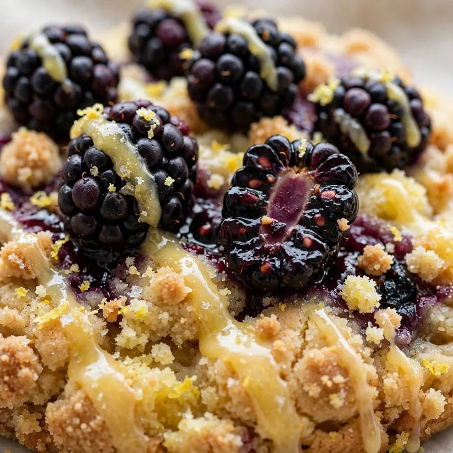 Blackberry topping and lemon glaze on Lemon Blackberry Cake Crumbl