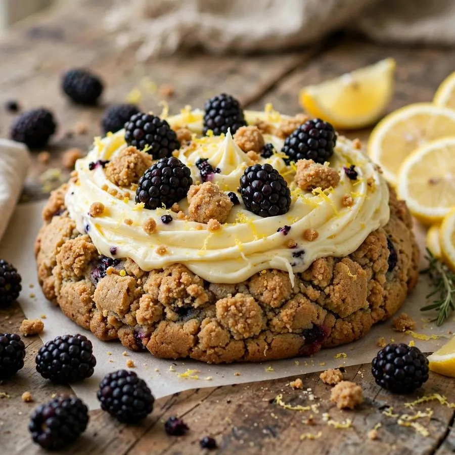 Lemon Blackberry Cake Crumbl with fresh blackberries, sliced lemons and powdered sugar