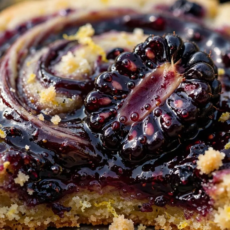 Glossy blackberry jam swirl and fresh blackberries on the lemon cookie
