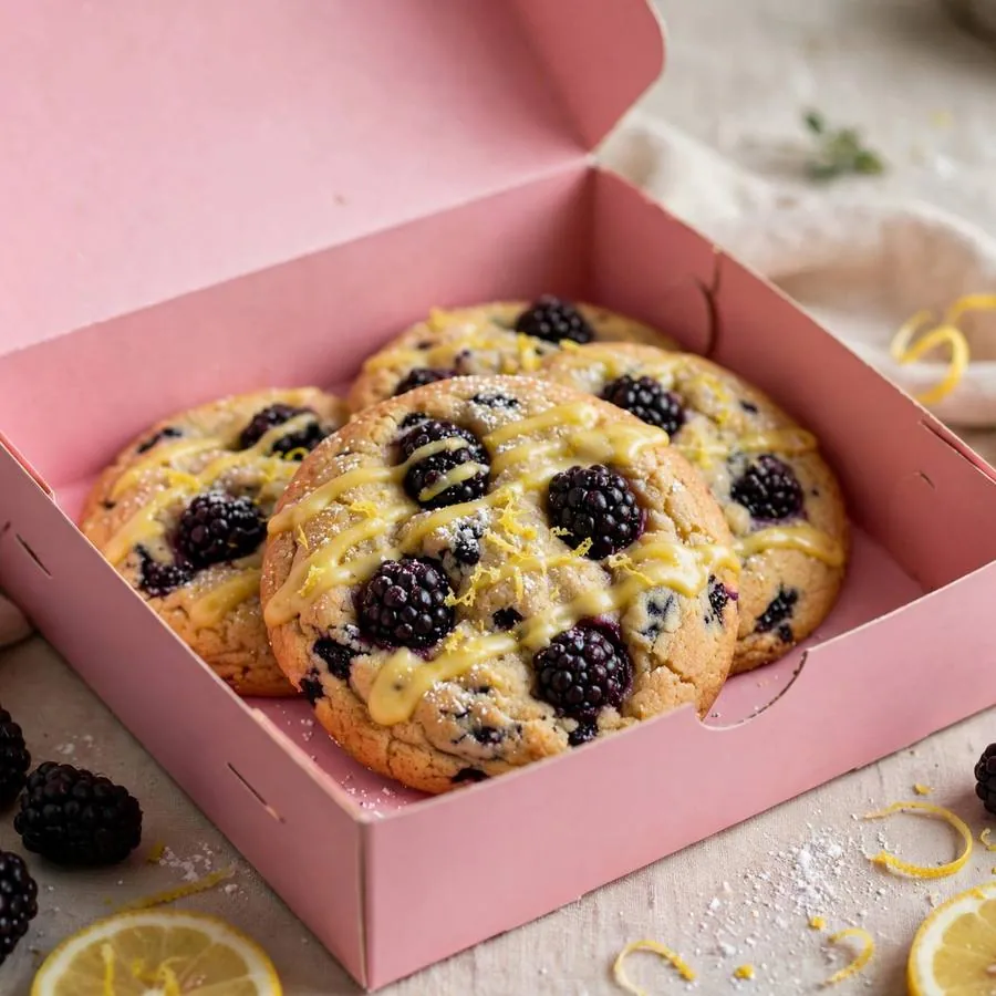 Lemon blackberry cookie presented in a pink Crumbl bakery box