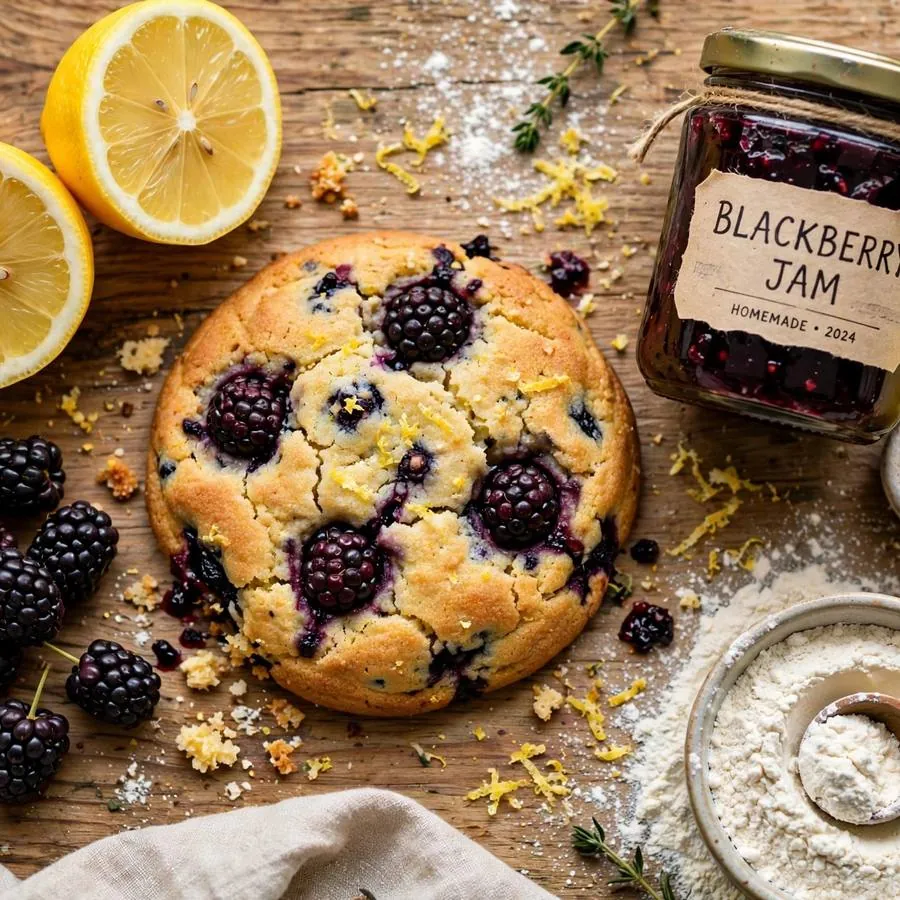 Lemon blackberry cookie with fresh blackberries, lemons and jam on a wooden table