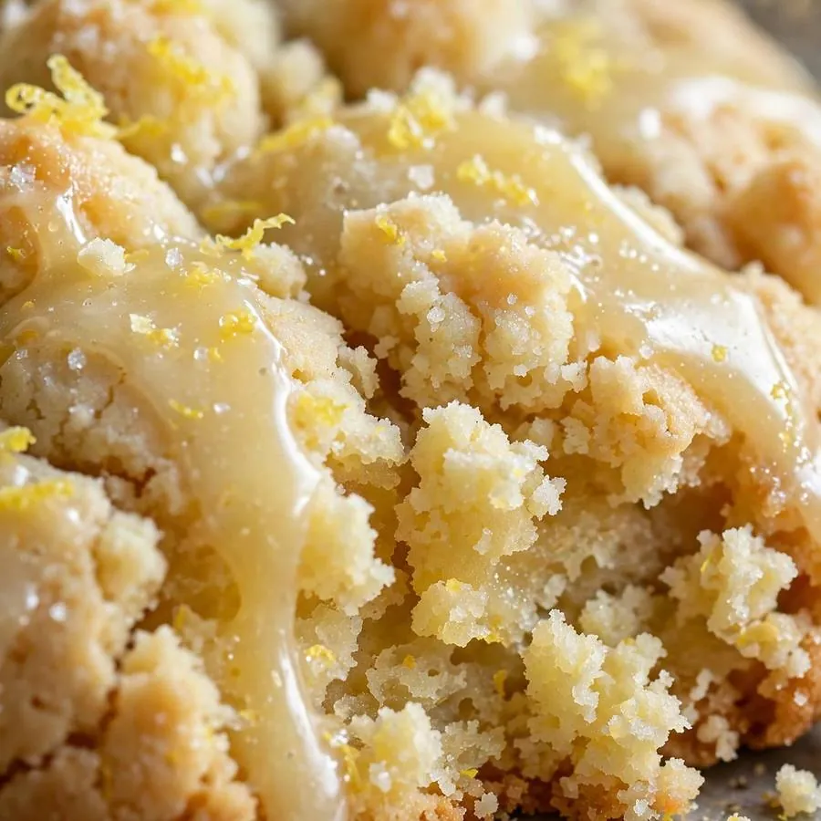 Extreme close-up of the Lemon Cake Crumbl showing glossy lemon glaze on soft cakey crumb detail Extreme close-up of the Lemon Cake Crumbl showing glossy lemon glaze on soft cakey crumb detail