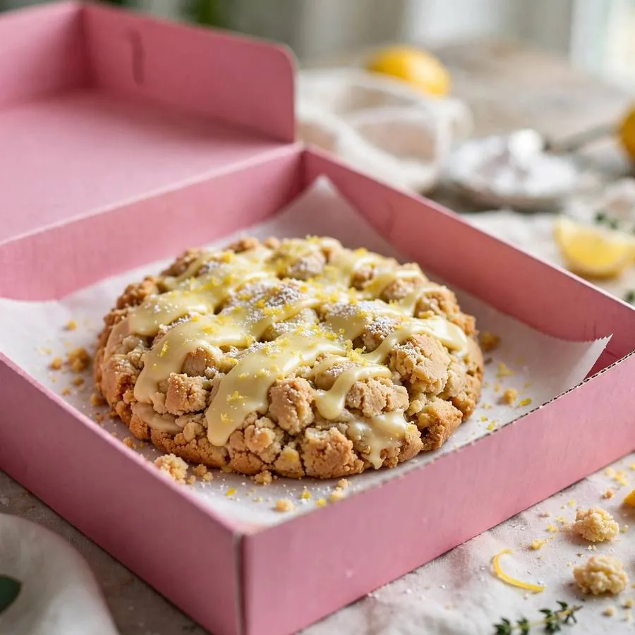 Lemon Cake Crumbl served in a pink bakery box Lemon Cake Crumbl served in a pink bakery box