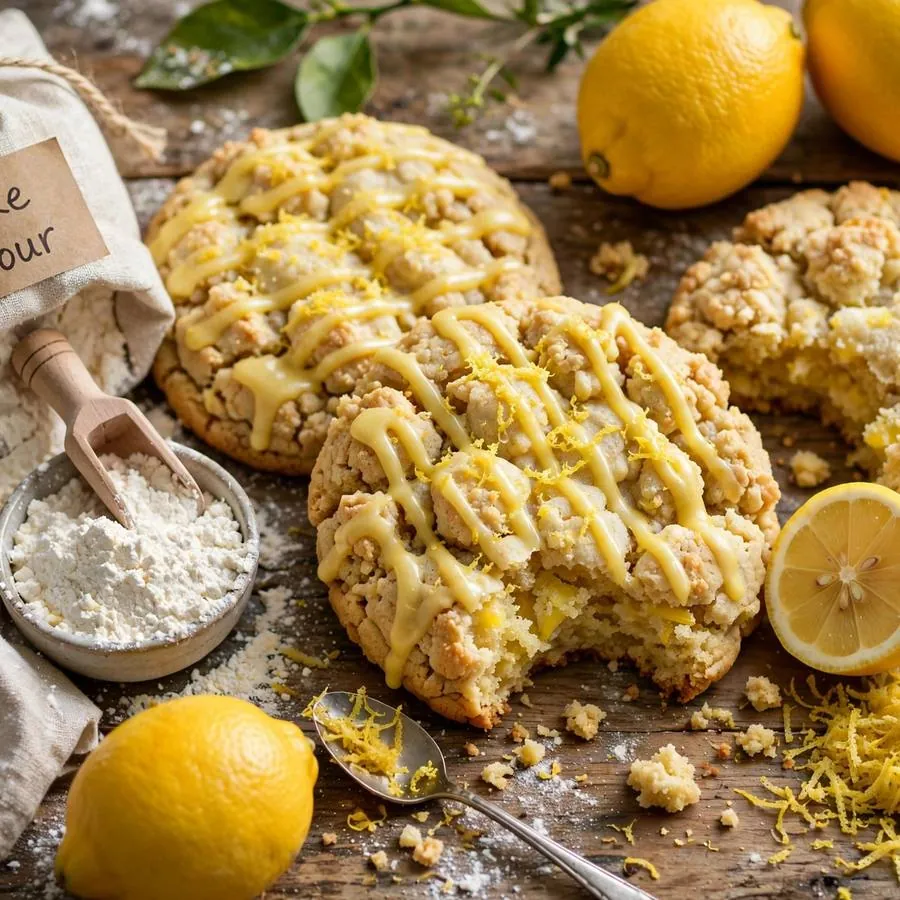 Lemon Cake Crumbl with fresh lemons, lemon zest and cake flour arranged on a rustic wooden table Lemon Cake Crumbl with fresh lemons, lemon zest and cake flour arranged on a rustic wooden table