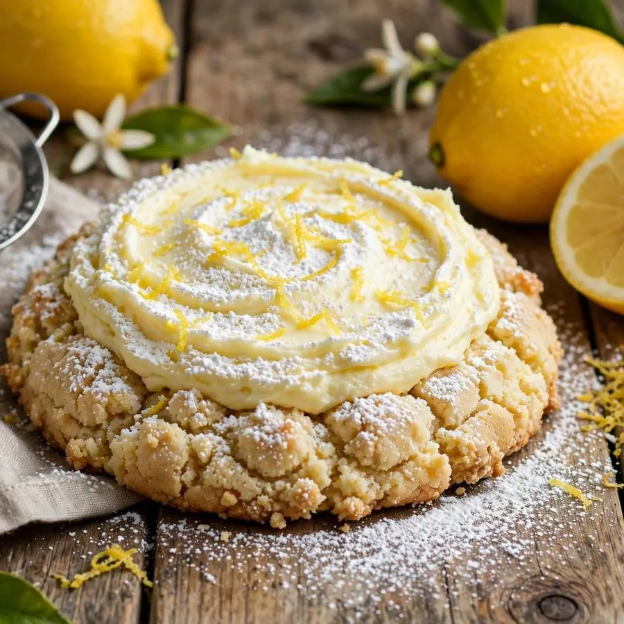 Lemon Chiffon cookie with fresh lemons, powdered sugar and zest on a wooden table