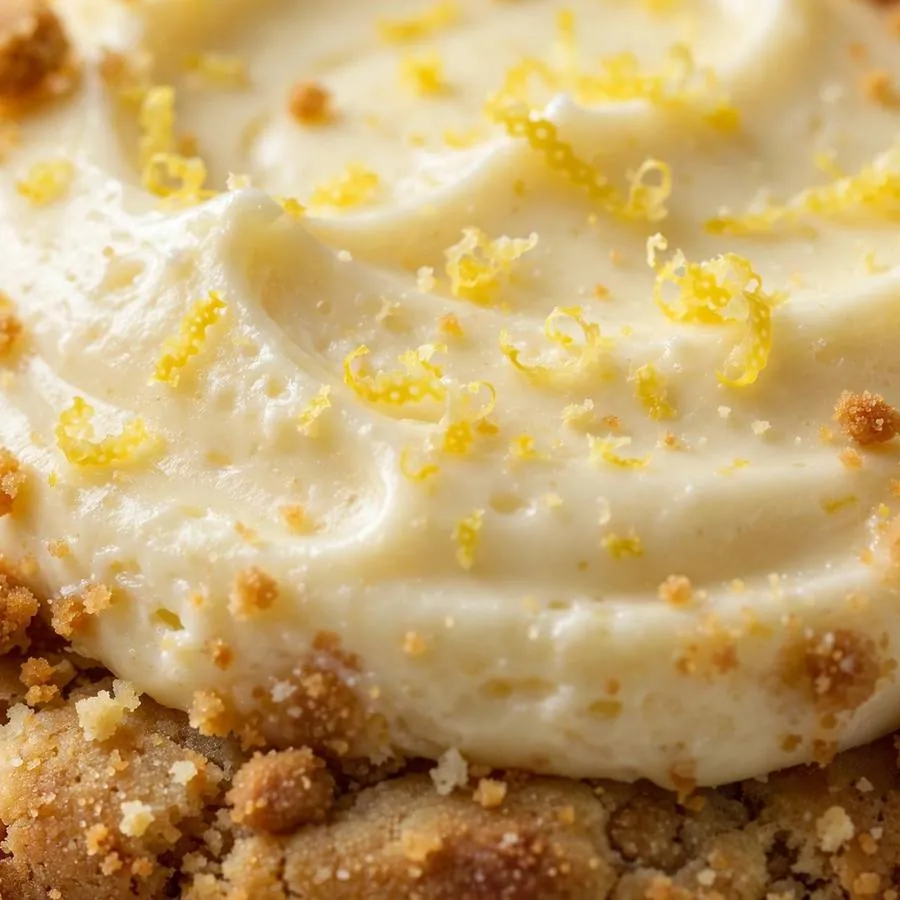 Extreme close-up of creamy lemon topping, graham crumble and citrus zest on a cookie