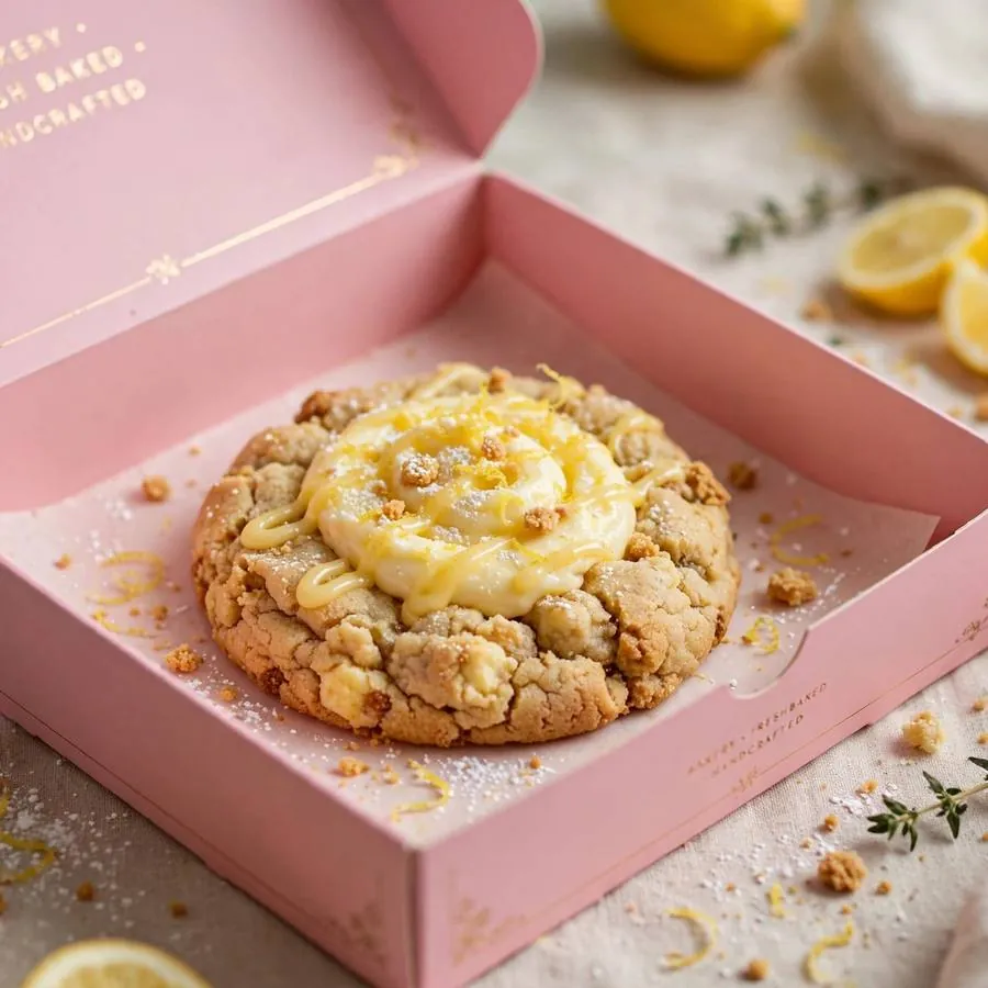 Lemon cheesecake cookie served in a pink bakery box