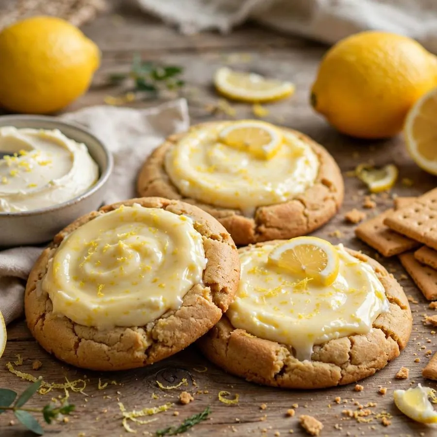 Lemon cheesecake cookie beside fresh lemons, cream cheese and graham crackers on a wooden table