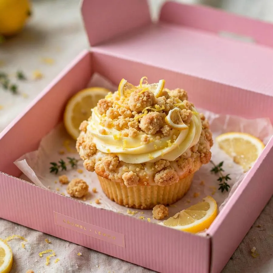 Lemon Cupcake Crumbl Cookie in a pink bakery box