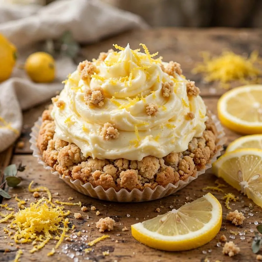 Lemon Cupcake Crumbl Cookie with sliced lemons, lemon zest and vanilla frosting