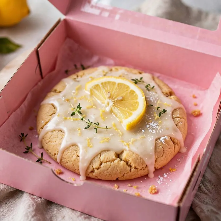 Lemon Glaze Crumbl Cookie in a pink bakery box
