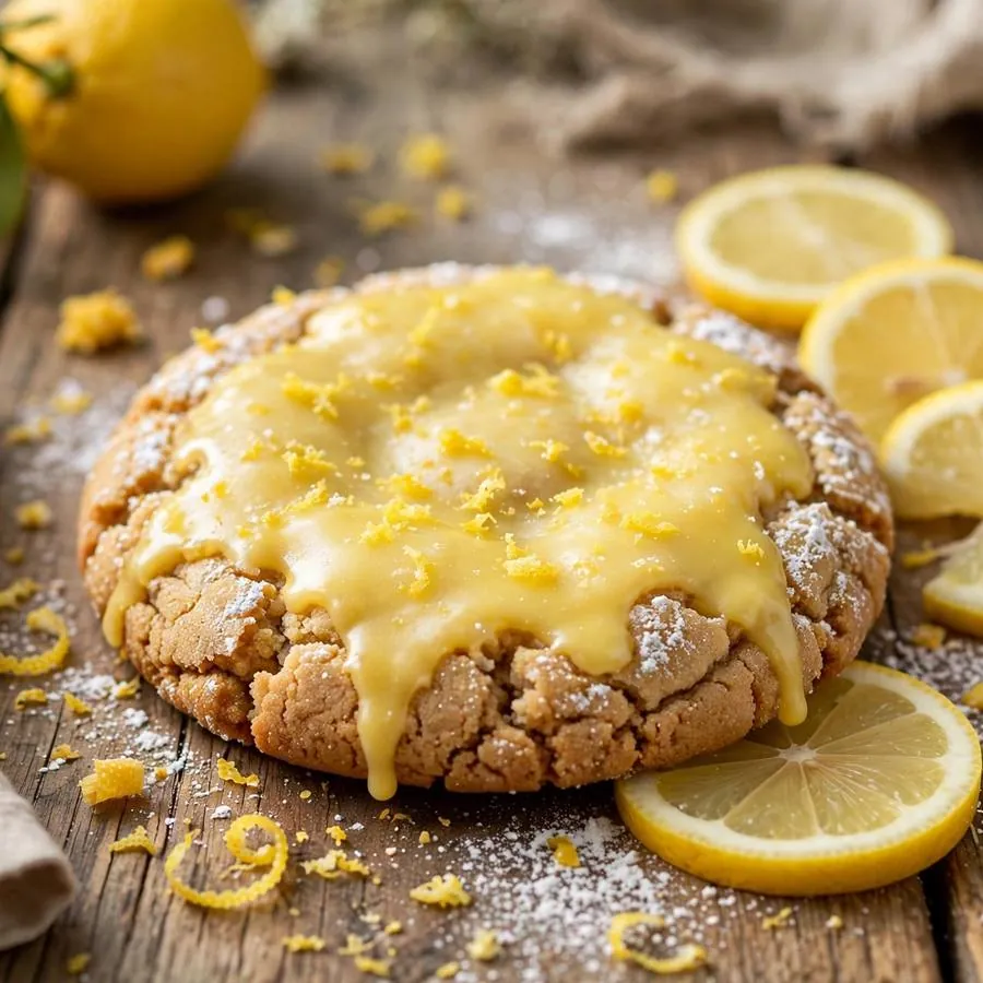 Lemon Glaze Crumbl Cookie with sliced lemons, lemon zest and powdered sugar