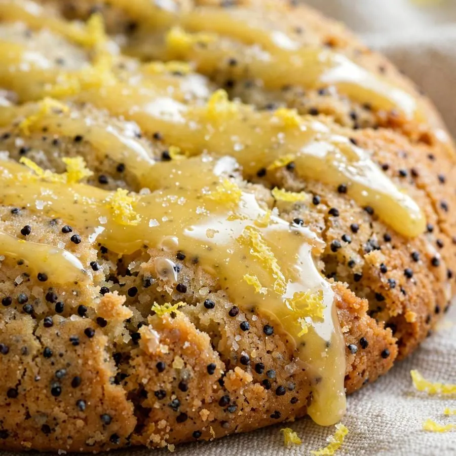 Poppy seed speckles and lemon glaze icing on the cookie