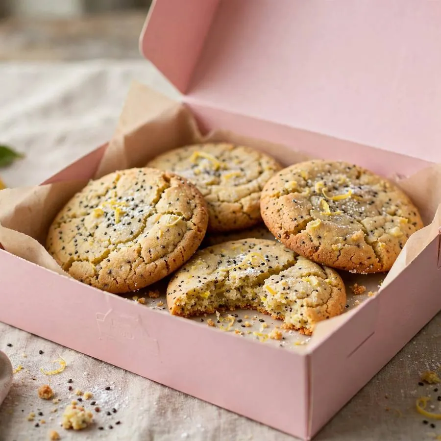 Lemon poppyseed cookie presented in a pink Crumbl bakery box