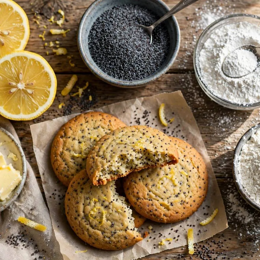 Lemon poppyseed cookie with lemons, poppy seeds and powdered sugar on a wooden table