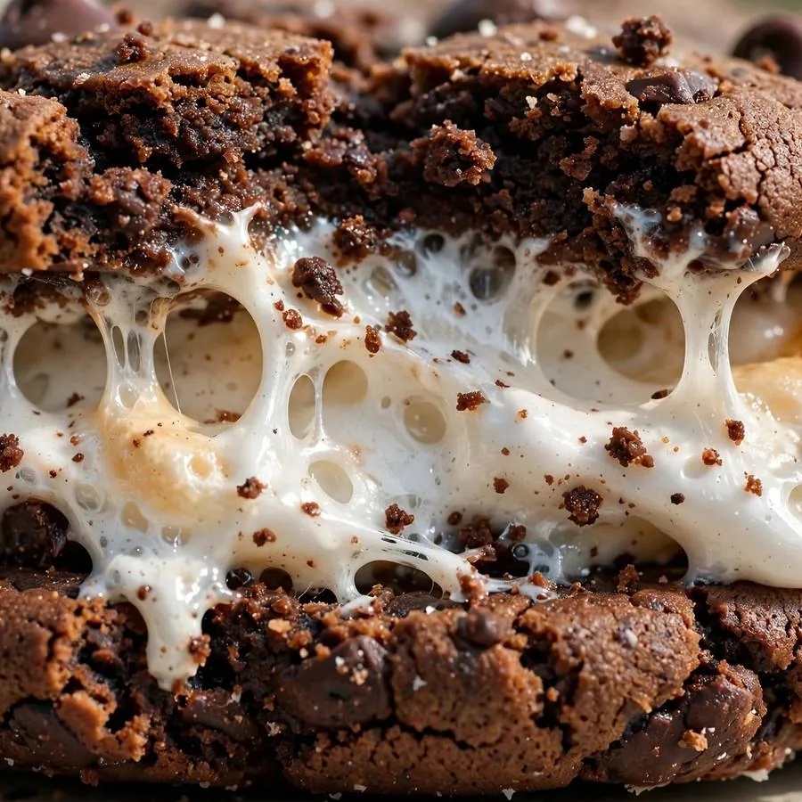 Extreme close-up of the Mallow Sandwich Crumbl Cookie showing gooey marshmallow filling between two chocolate cookies detail
