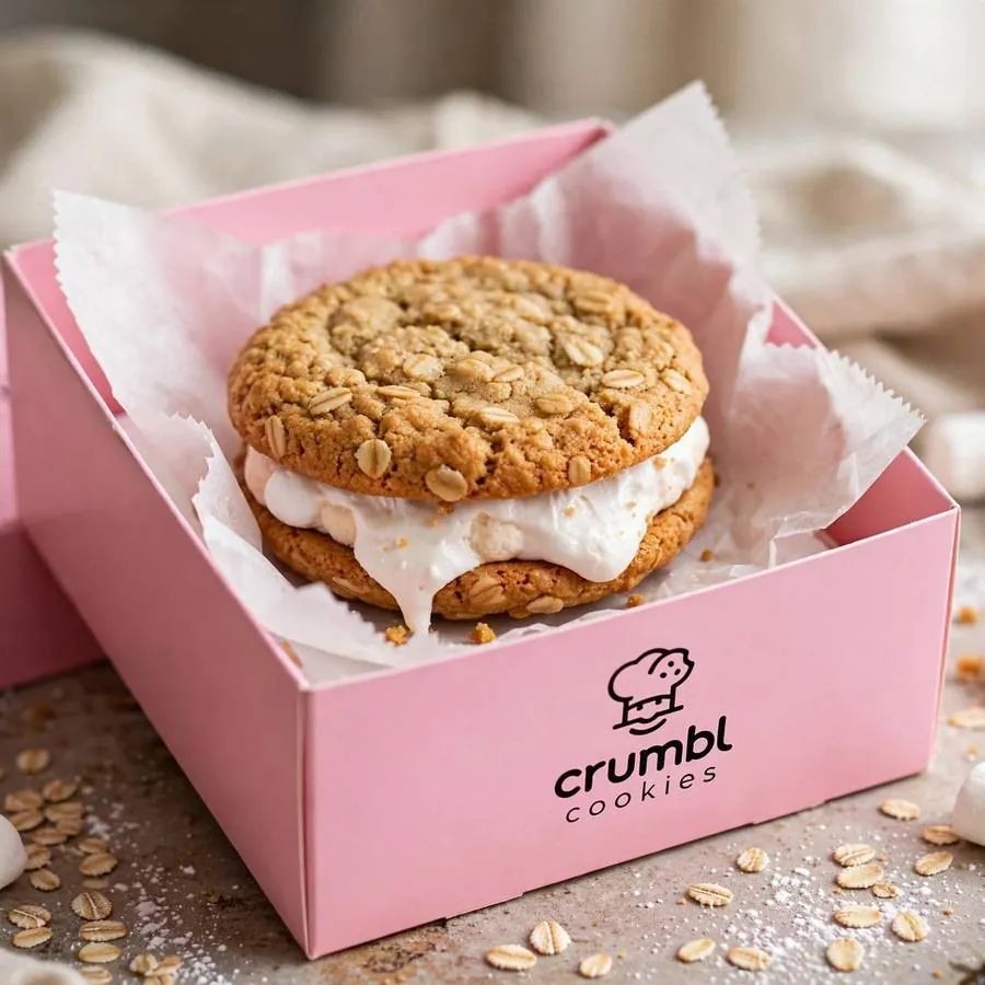 Mallow Sandwich Crumbl Cookie served in a pink bakery box