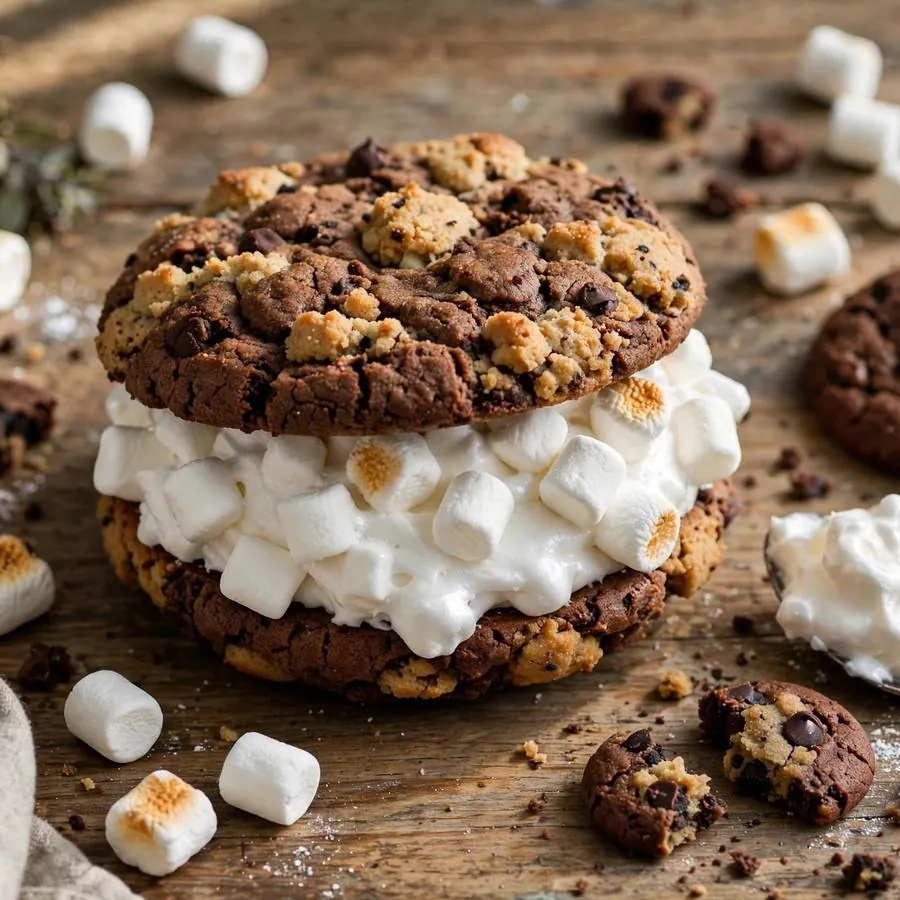 Mallow Sandwich Crumbl Cookie with marshmallows, chocolate cookies and fluff filling arranged on a rustic wooden table