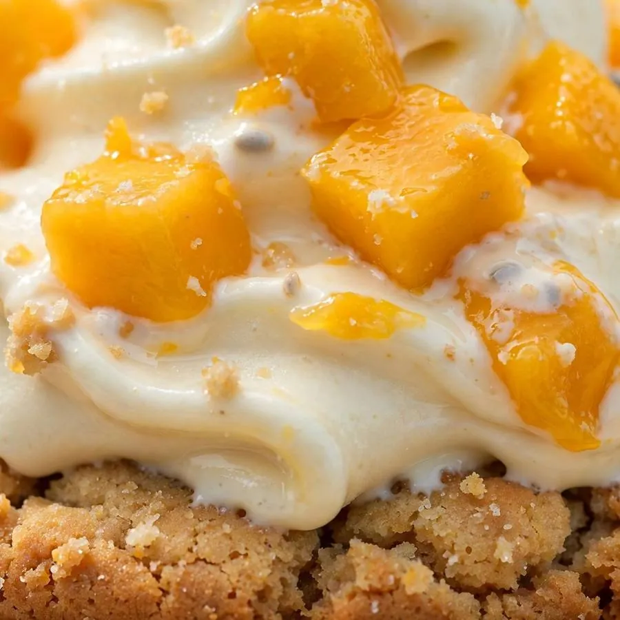 Fresh mango chunks over creamy frozen yogurt Fresh mango chunks over creamy frozen yogurt