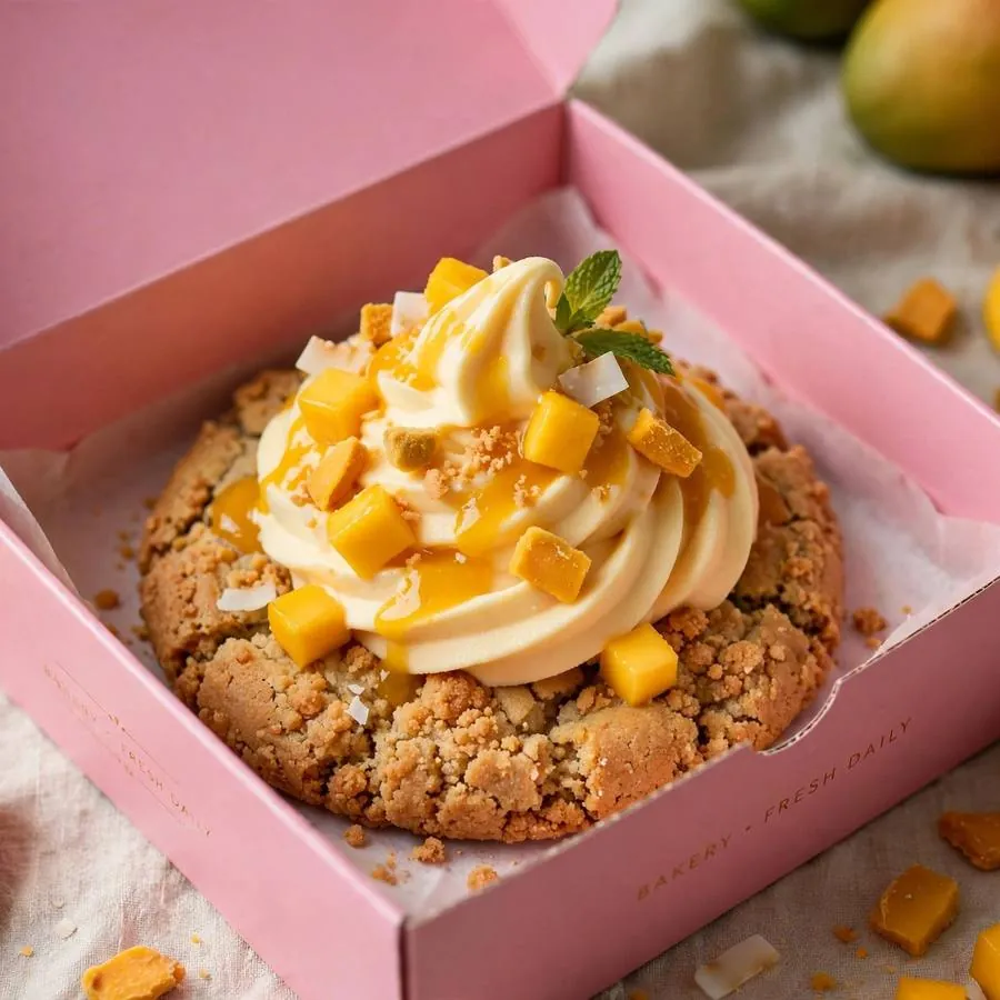 Mango Frozen Yogurt cookie in a pink bakery box Mango Frozen Yogurt cookie in a pink bakery box