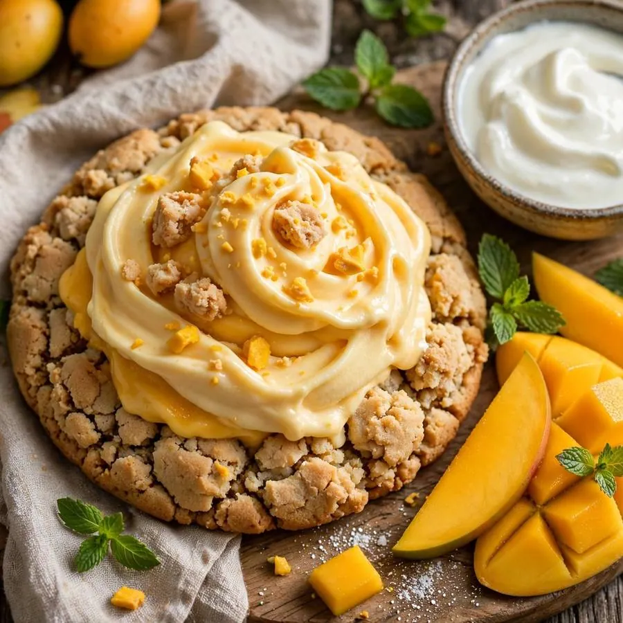 Mango Frozen Yogurt cookie with fresh mango, yogurt and mint on a wooden table Mango Frozen Yogurt cookie with fresh mango, yogurt and mint on a wooden table