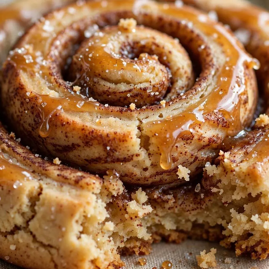 Extreme close-up of cinnamon swirl and maple glaze on a soft cinnamon roll cookie