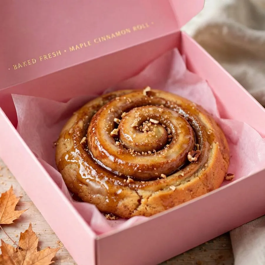 Maple cinnamon roll cookie served in a pink bakery box