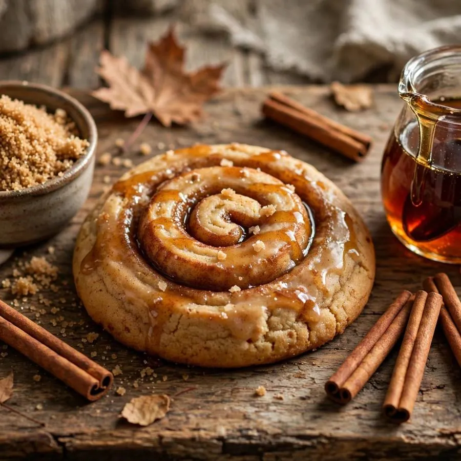 Maple cinnamon roll cookie beside cinnamon sticks, maple syrup and brown sugar on a wooden table