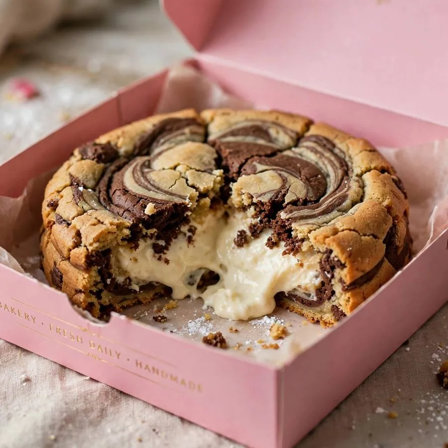 Marble stuffed cheesecake cookie presented in a pink Crumbl bakery box
