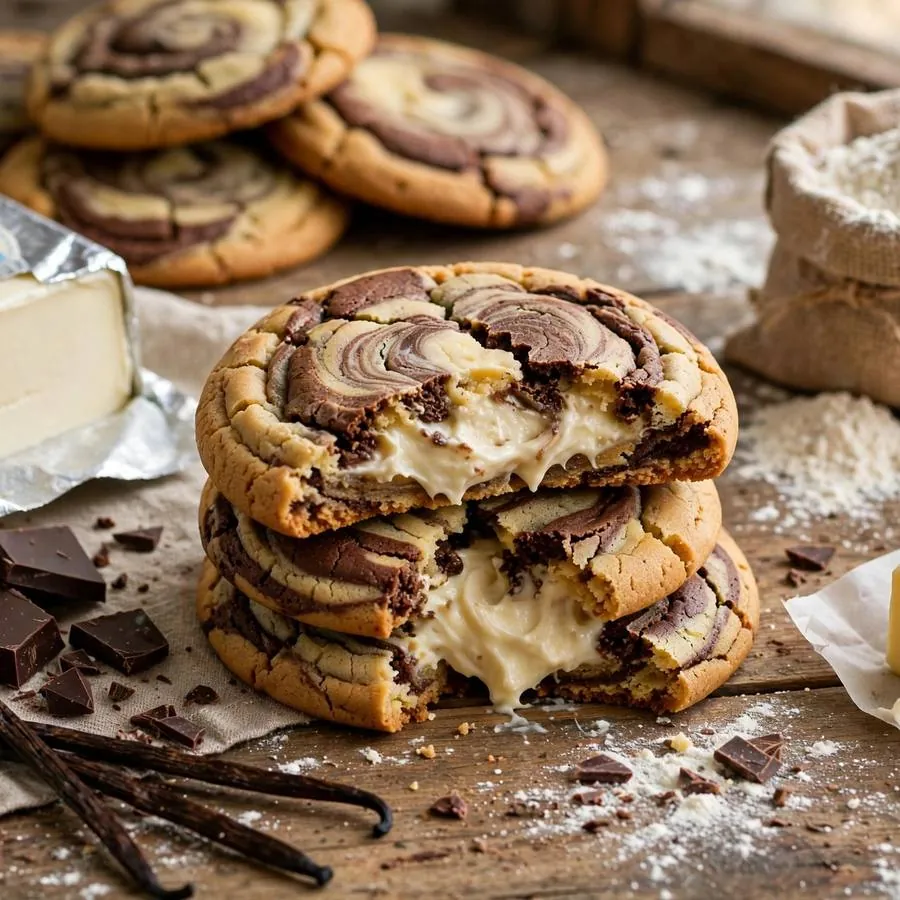 Marble stuffed cheesecake cookie with cream cheese, dark chocolate and vanilla on a wooden table