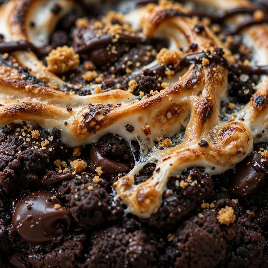 Extreme close-up of the Midnight S'mores Crumbl Cookie showing toasted marshmallow swirl on dark chocolate cookie detail
