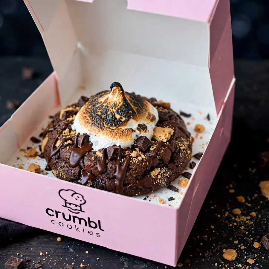 Midnight S'mores Crumbl Cookie served in a pink bakery box