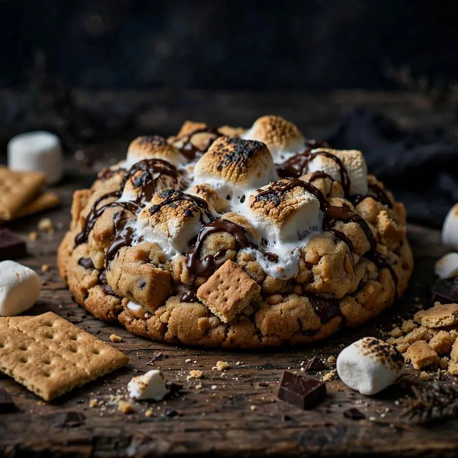 Midnight S'mores Crumbl Cookie with marshmallows, graham crackers and dark chocolate arranged on a rustic wooden table