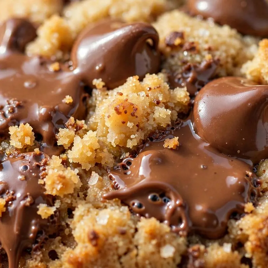 Melted milk chocolate chips in the golden buttery cookie