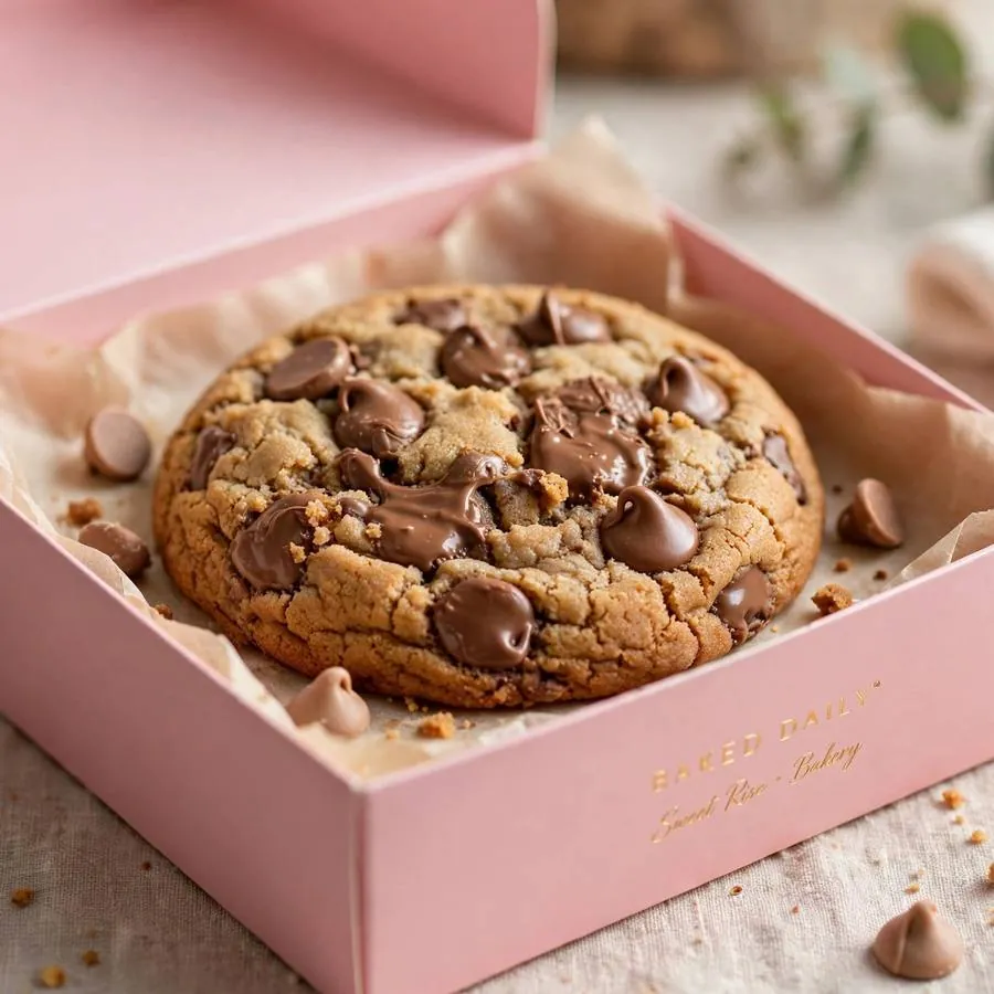 Milk chocolate chip cookie presented in a pink Crumbl bakery box