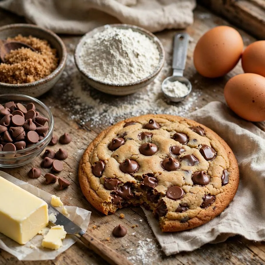 Milk chocolate chip cookie with milk chocolate chips, butter and brown sugar on a wooden table