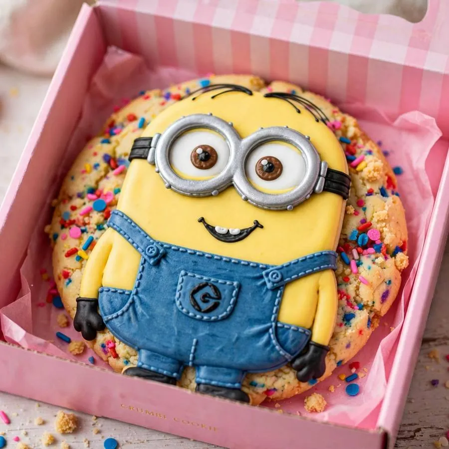 Minion Confetti cookie with yellow and blue sprinkles in a pink bakery box