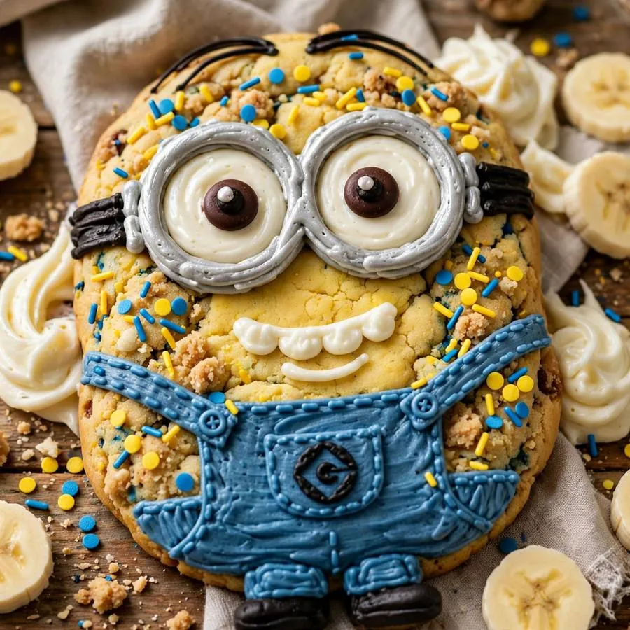 Minion Confetti cookie with yellow and blue sprinkles and banana pieces on a wooden table