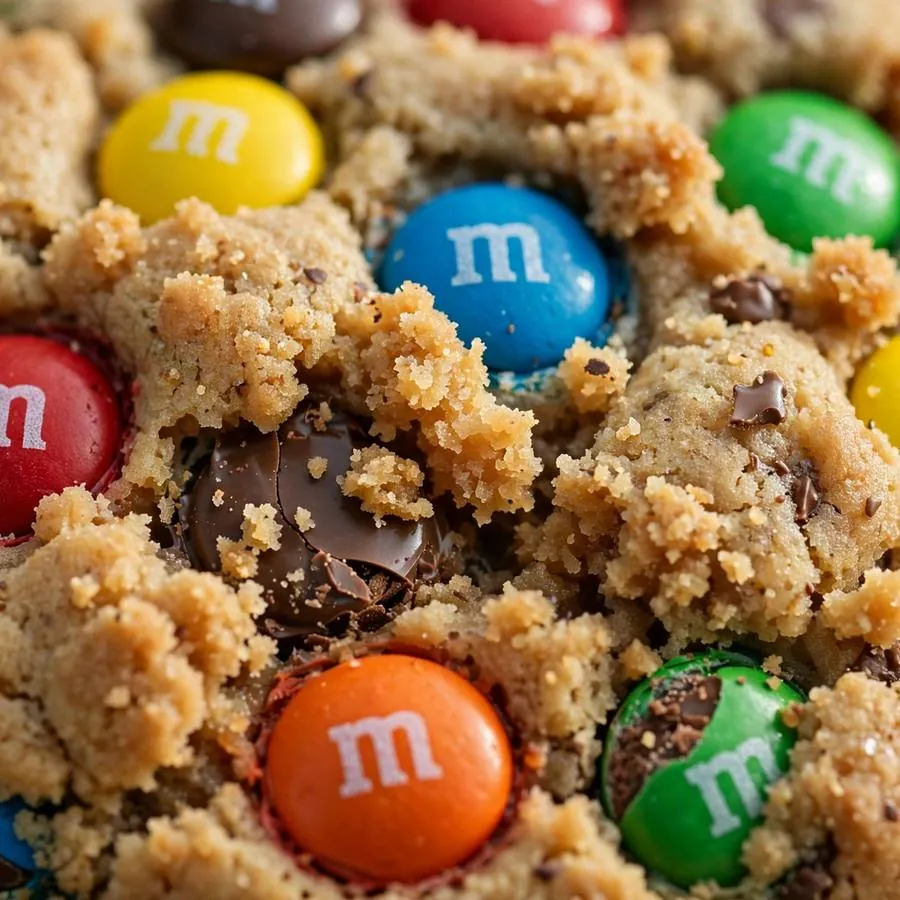 Extreme close-up of the M&M Crumbl Cookie showing colorful candy pieces baked into a buttery cookie detail