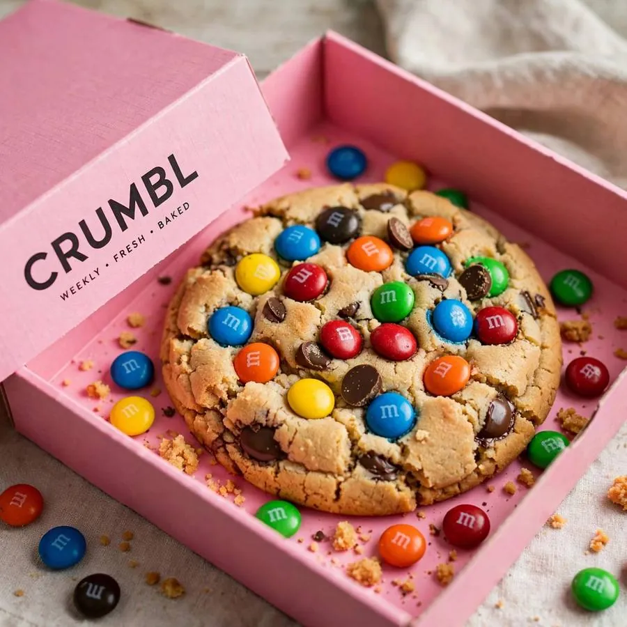 M&M Crumbl Cookie served in a pink bakery box