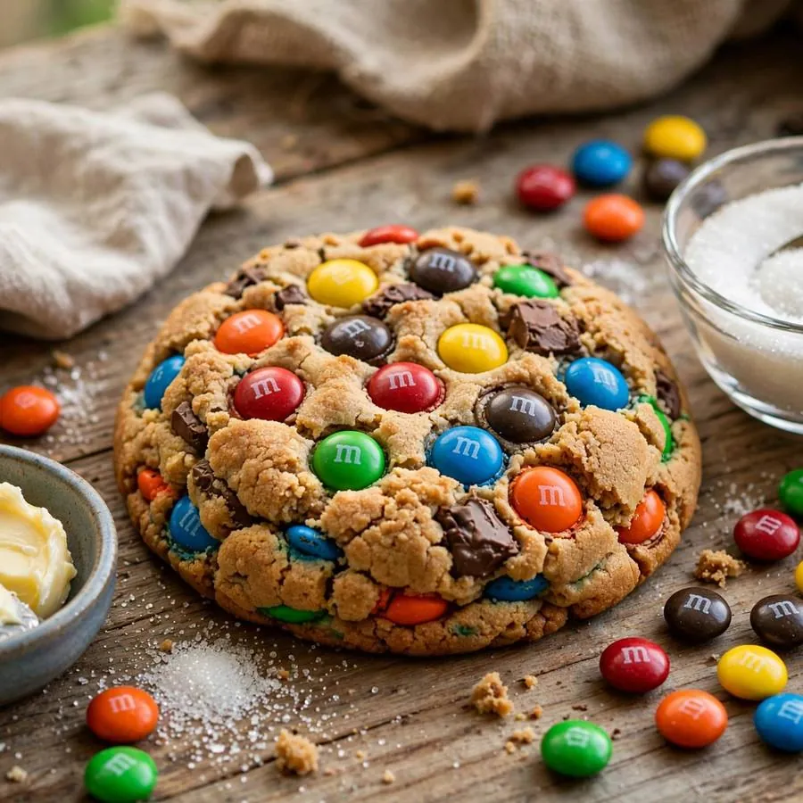 M&M Crumbl Cookie with colorful candy pieces, butter and sugar arranged on a rustic wooden table