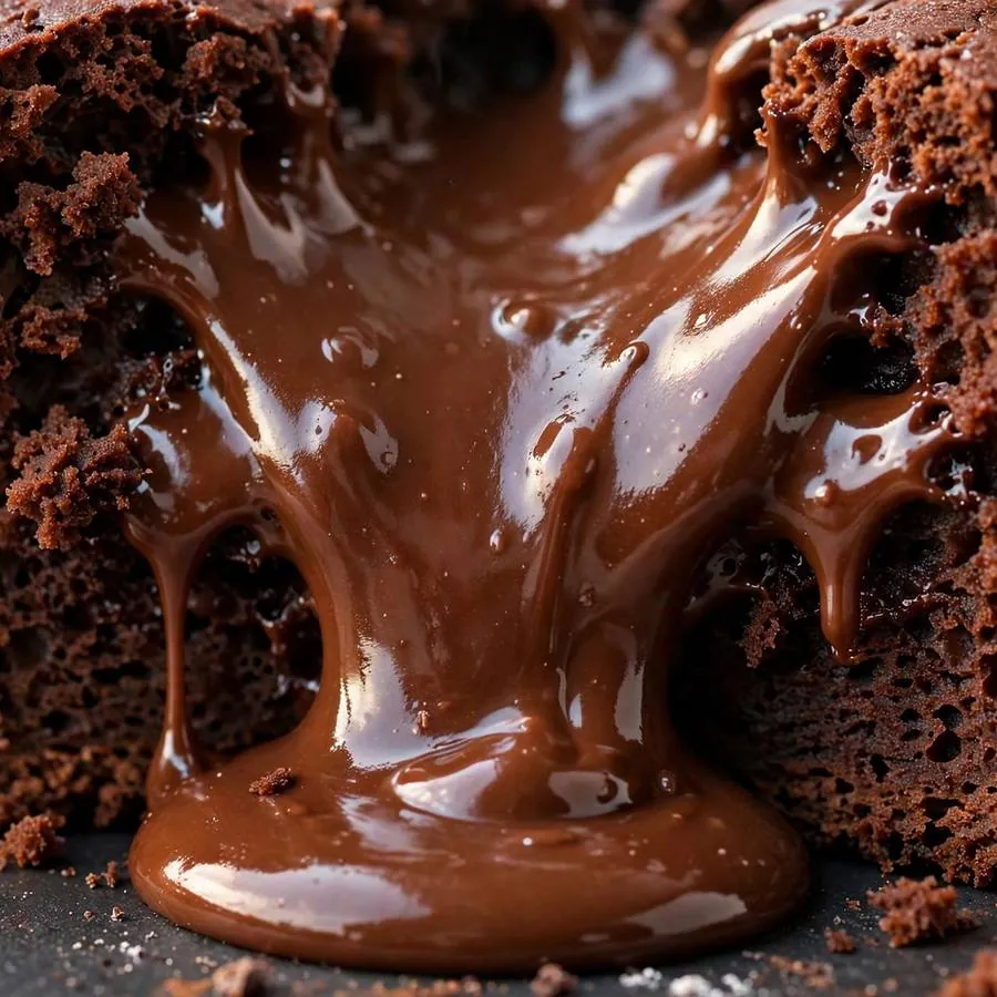 Extreme close-up of flowing molten chocolate spilling from a lava cake