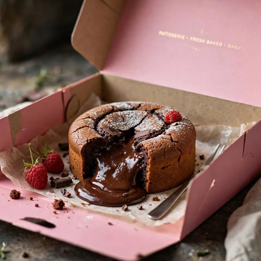 Molten lava chocolate cake served in a pink bakery box