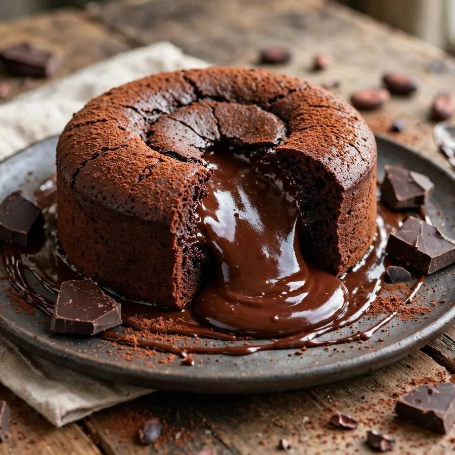 Molten lava cake beside dark chocolate pieces, cocoa powder and chocolate sauce on a wooden table