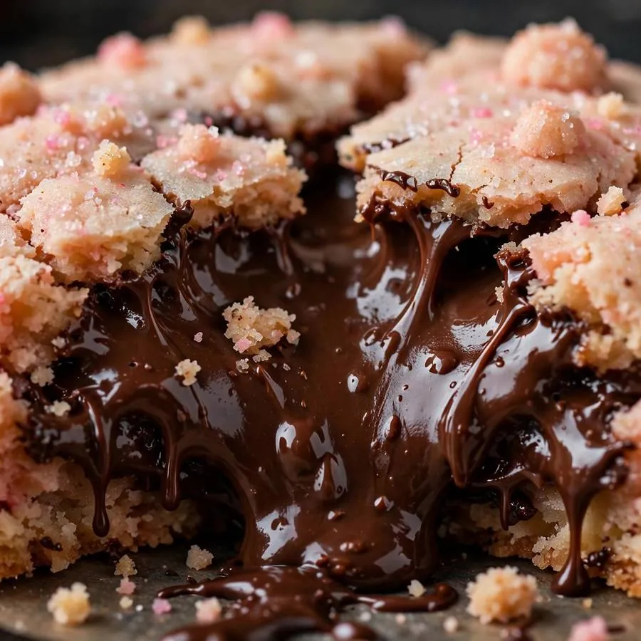 Flowing molten chocolate center oozing from the cookie