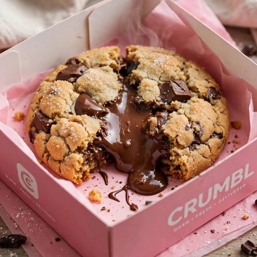 Molten Lava cookie in a pink bakery box