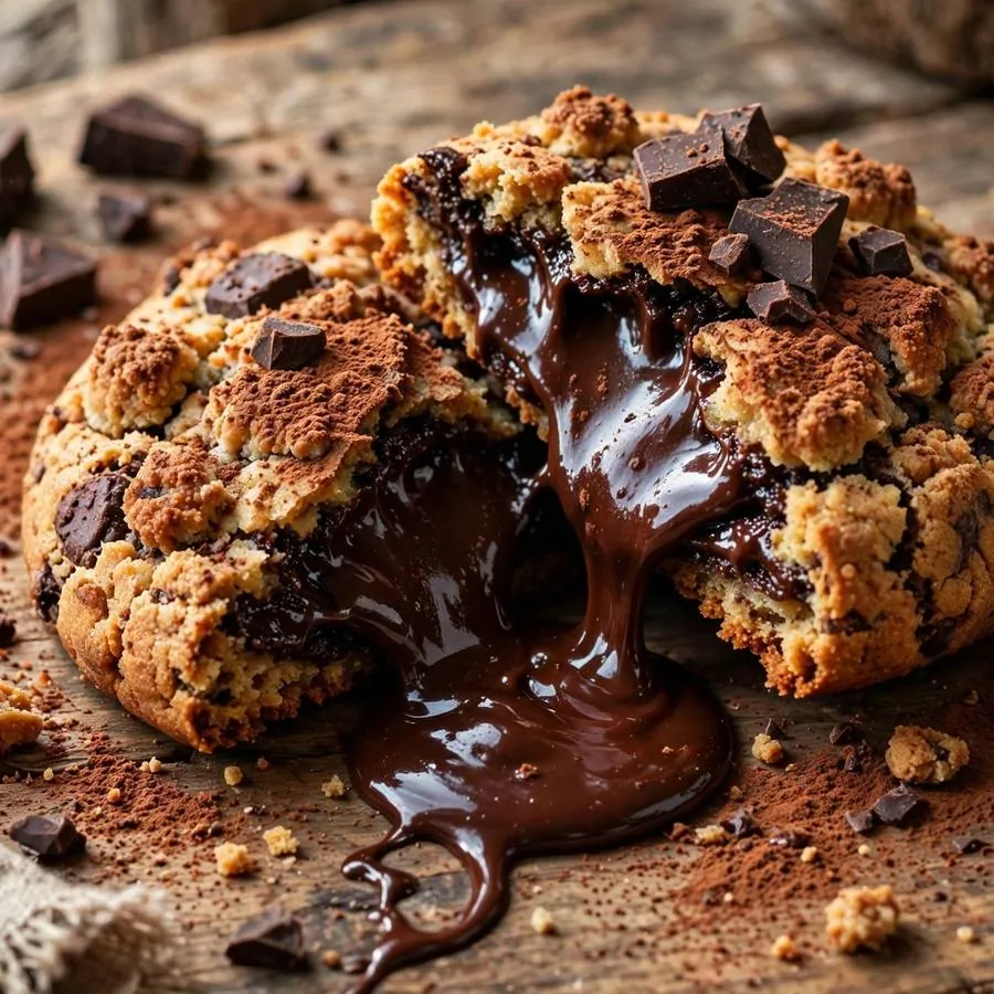 Molten Lava cookie with dark chocolate pieces and cocoa on a wooden table