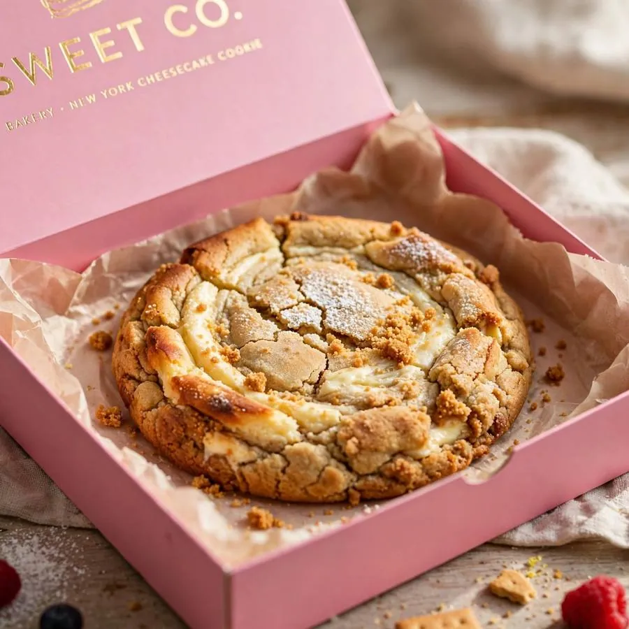 New York Cheesecake Cookie in a pink bakery box